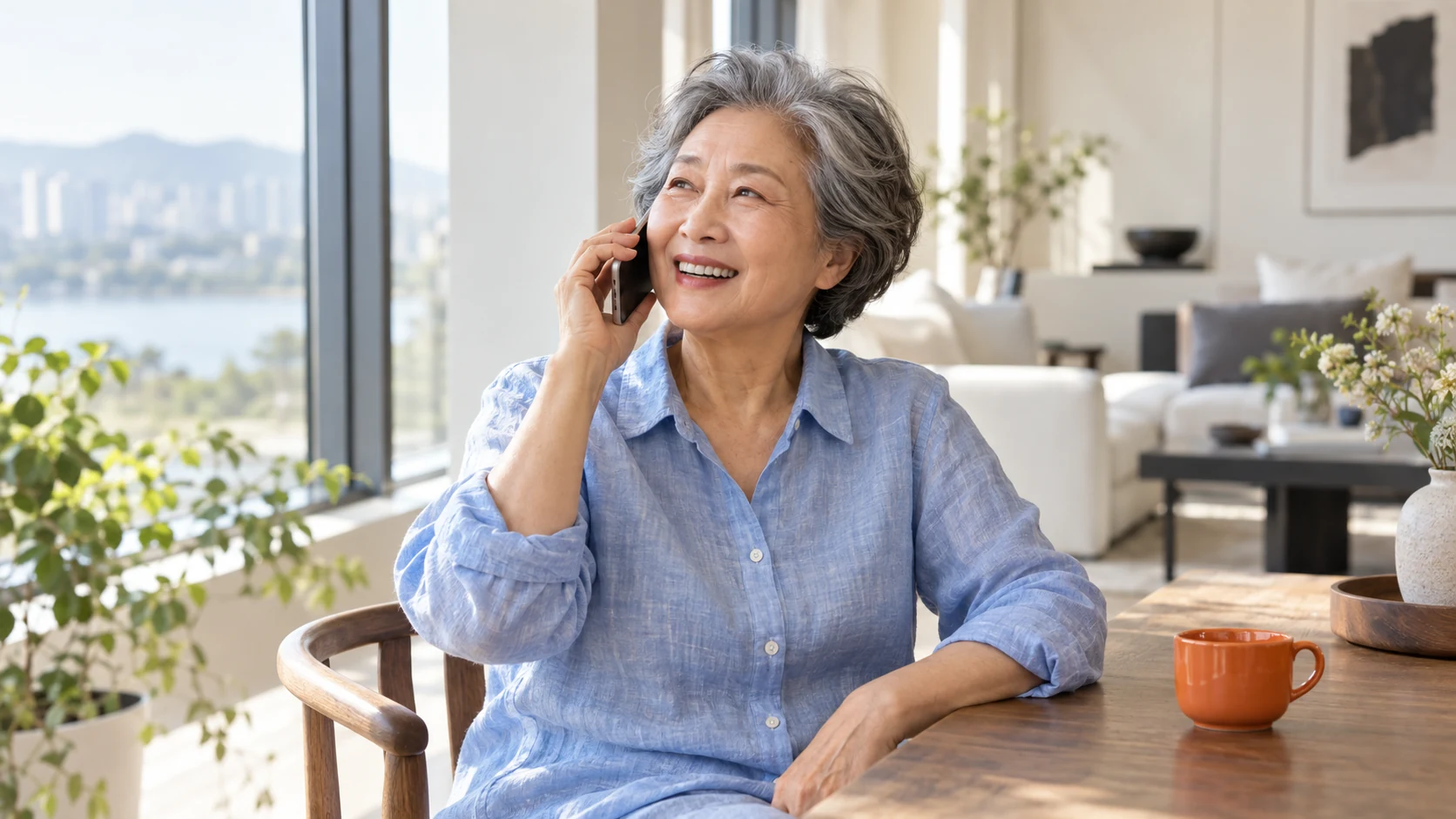 Generated scene of a warm phone conversation at home